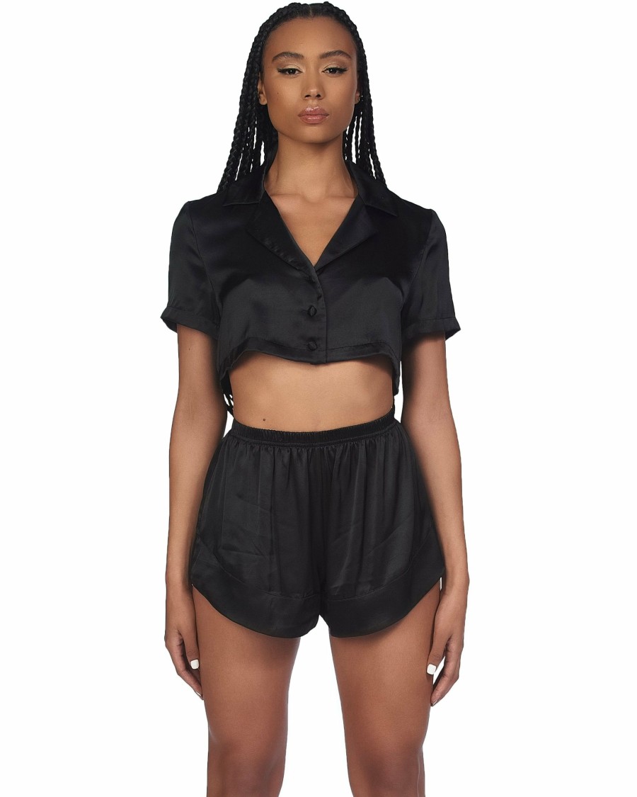 Women MY MUM MADE IT Pyjamas | Organic Silk Crop Shirt-Black